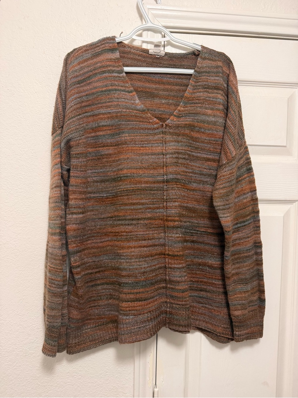 a.n.a Striped V-Neck Knit Sweater in Brown & Gray